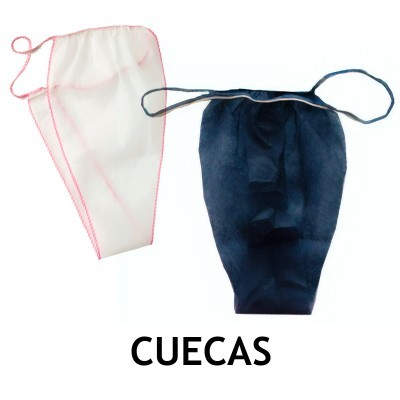 Duas cuecas descartáveis, uma branca e outra preta, com elásticos, sobre fundo branco