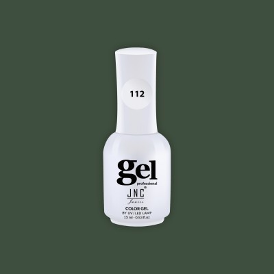 Frasco branco de verniz gel para unhas JNC 112 com tampa e texto preto