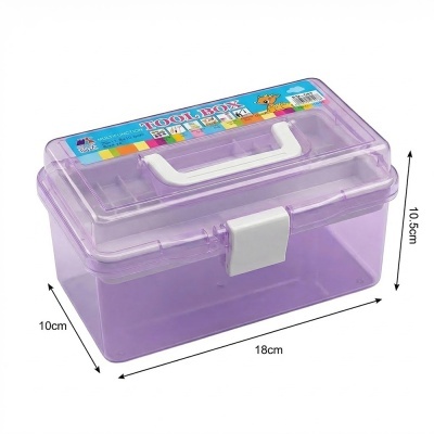 Caixa organizadora lilás com alça branca e etiqueta TOOL BOX