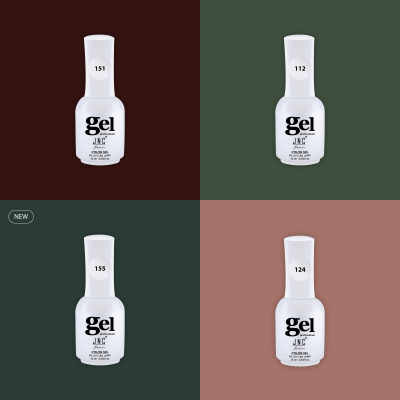 Frascos de verniz gel branco com números 151, 112, 155, 124 em fundos coloridos