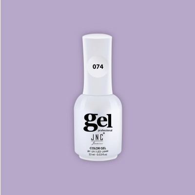 Frasco branco de verniz gel para unhas JNC com etiqueta 074 sobre fundo roxo