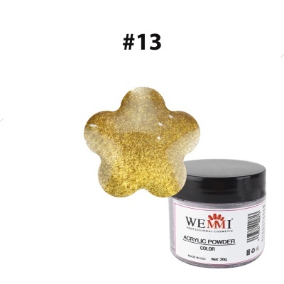Pó acrílico dourado WEMI em embalagem preta e branca, cor #13