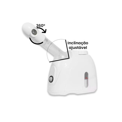Aparelho branco de vaporização com bocal ajustável e texto explicativo
