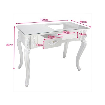 Secretária branca com tampo de vidro espelhado e gaveta central decorada