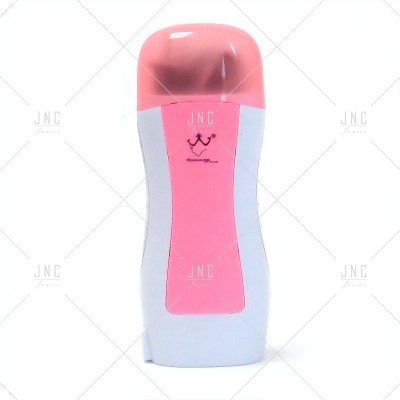 Frasco de desodorizante roll-on branco e rosa com tampa cor-de-rosa.