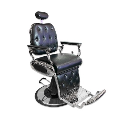 Cadeira de barbeiro preta com estrutura metálica cromada e apoio de cabeça ajustável