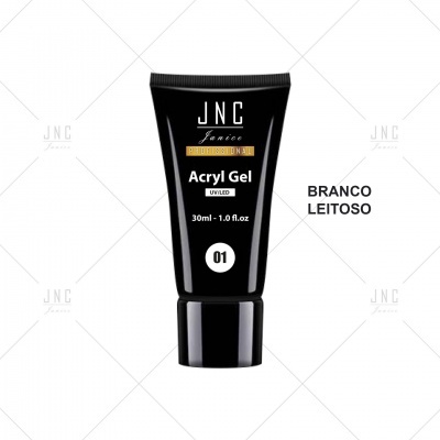 Frasco preto de gel para unhas JNC com texto BRANCO LEITOSO