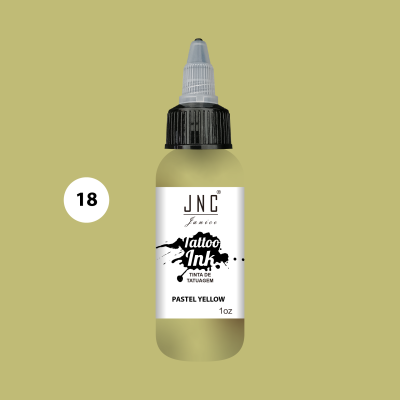 Frasco de tinta para tatuagem amarelo pastel com rótulo branco e tampa preta