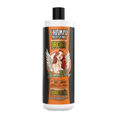 Frasco branco de champô Dream Power Flower com rótulo laranja e ilustração de mulher ruiva com asas