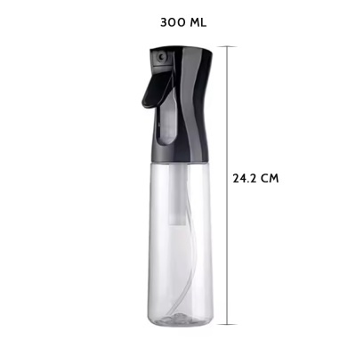 Frasco pulverizador transparente com tampa preta e texto 300 ML e 24.2 CM