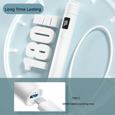 Aparelho digital branco com ecrã, cabo USB tipo C e texto promocional sobre duração da bateria