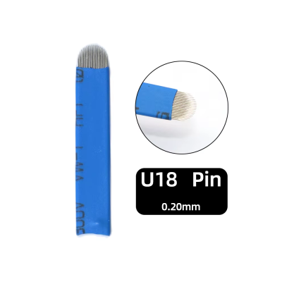 agulha micropigmentação U18 Pin 0.20mm com embalagem azul e detalhe ampliado