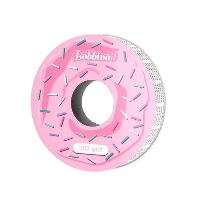 Lixa de unha redonda rosa em forma de donut com granulado colorido e texto 'Bobbinail' e '180 grit'