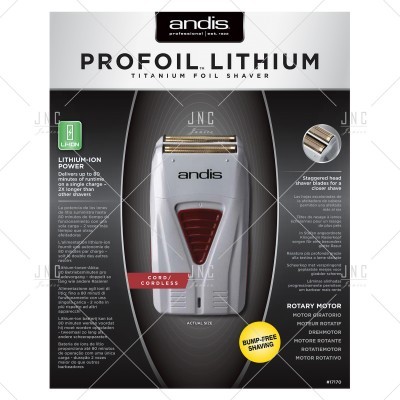 Embalagem do barbeador elétrico Andis ProFoil Lithium cinza com detalhes vermelhos e lâminas de titânio
