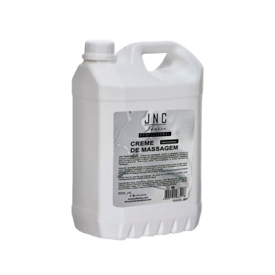 Recipiente branco de plástico com creme de massagem e rótulo cinza