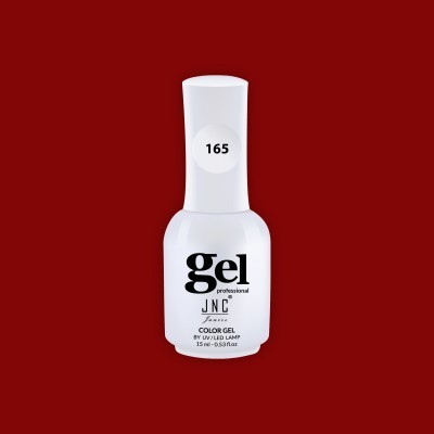 Frasco branco de verniz gel para unhas com rótulo preto e número 165, fundo vermelho
