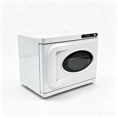 Forno micro-ondas branco com porta oval e painel de controlo no canto superior direito.