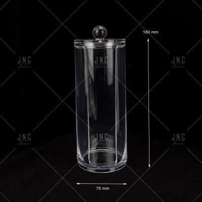 Recipiente cilíndrico transparente com tampa esférica sobre fundo preto