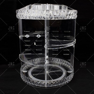 Expositor redondo transparente em acrílico com duas prateleiras e bordas facetadas