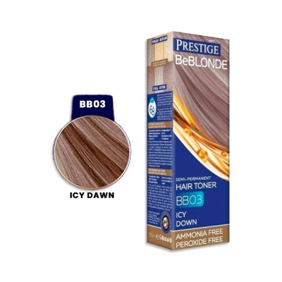 Embalagem de tónico capilar Prestige BeBLONDE BB03 Icy Dawn com amostra de cor castanha clara fria
