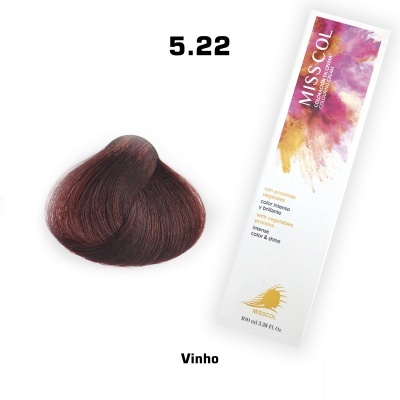 Embalagem de tinta para cabelo Miss Col com amostra de cabelo vinho
