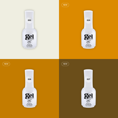 Quatro frascos brancos de verniz gel JNC Cosmetics numerados em fundos coloridos.