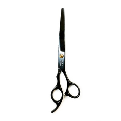 Tesoura de cabelo profissional preta com cabo ergonómico e parafuso dourado