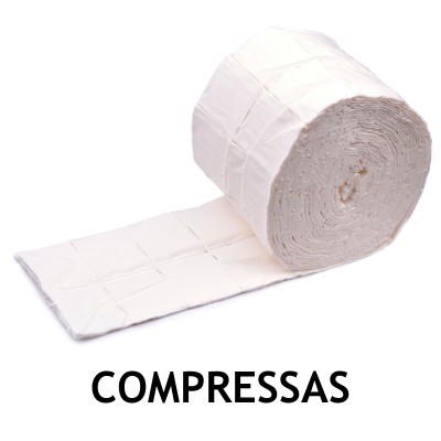 Rolo de compressas brancas com texto COMPRESSAS