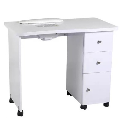 Secretária branca para manicure com três gavetas e apoio almofadado