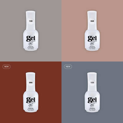 Quatro frascos de verniz gel JNC Professional com números 108, 068, 086, 153 sobre fundos coloridos diferentes.