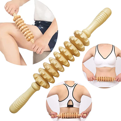 Rolo massajador de madeira com alças, usado na perna, cintura e costas