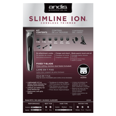 Embalagem do aparador sem fios SLIMLINE ION da andis com lista de conteúdos e características