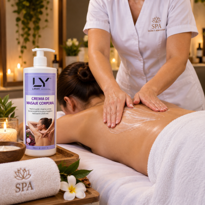 Frasco de creme corporal para massagem LY LANNY PROFESSIONAL junto a vela e toalha SPA numa sessão de massagem