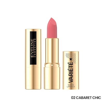 Batom rosa mate em estojo dourado da Eveline Cosmetics, Varieté Satin Lipstick 02 Cabaret Chic
