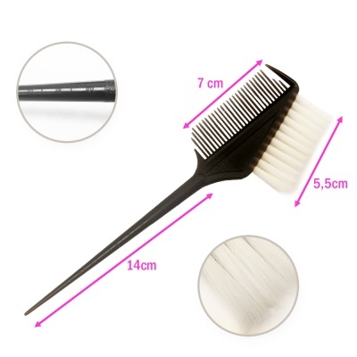 Pincel aplicador de tintura com cabo preto e cerdas brancas e pente integrado