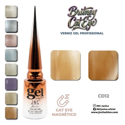 Verniz gel profissional dourado e branco com cores metálicas e texto Cat Eye Magnético.