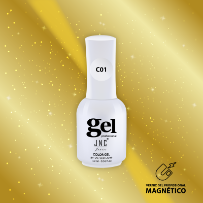 Verniz gel profissional magnético branco C01 em fundo dourado brilhante