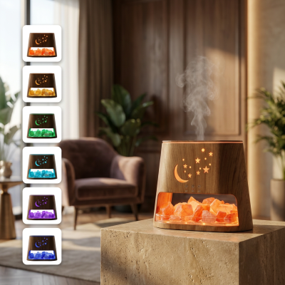 Difusor de óleo essencial em madeira com pedras iluminadas e vapor, em ambiente de sala moderna
