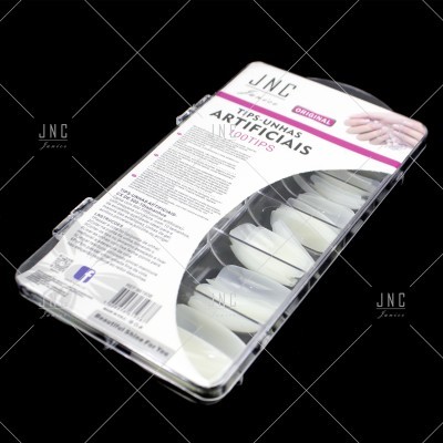 Caixa transparente com tips de unhas artificiais brancas da marca JNC
