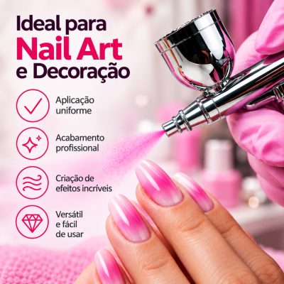 Mão com unhas em rosa degradê sendo pintadas com aerógrafo prateado com luva rosa, texto explicativo ao lado