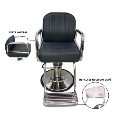 Cadeira de salão preta com base e braços cromados