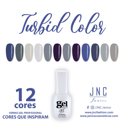 Amostras de verniz gel profissional em 12 cores frias e frasco branco da marca JNC