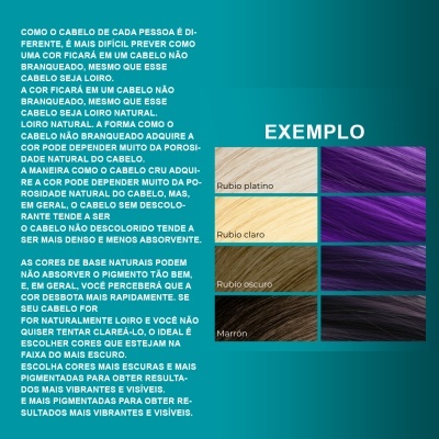 Tabela com explicação sobre cores de cabelo e exemplos de tons de castanho e loiro