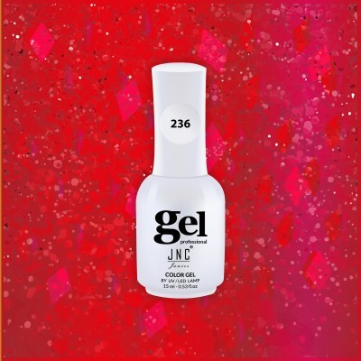 Frasco branco de verniz gel profissional JNC com tampa branca e texto preto sobre fundo vermelho brilhante