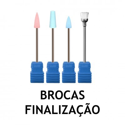 Conjunto de brocas para acabamento com bases azuis e pontas coloridas sobre fundo branco