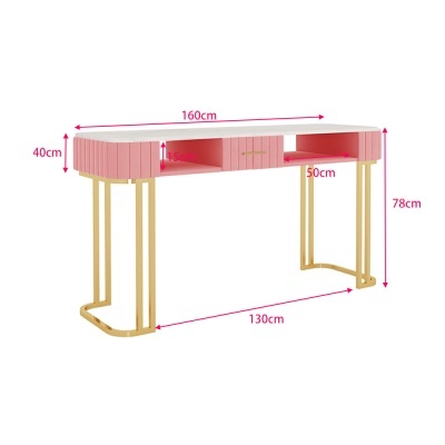 Mesa de escritório rosa com pés metálicos dourados e compartimentos