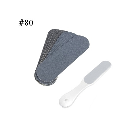 Conjunto de lixas para unhas e pés com cabo branco e várias lixas destacáveis cinza e azul.