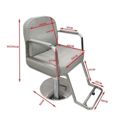 Cadeira de salão de cabeleireiro cinza com base redonda cromada e apoios metálicos