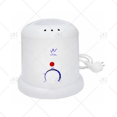 Aparelho elétrico branco com botão vermelho e mostrador azul