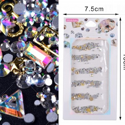 Pacote de decoração para unhas com pedrinhas e strass brilhantes prateados e dourados